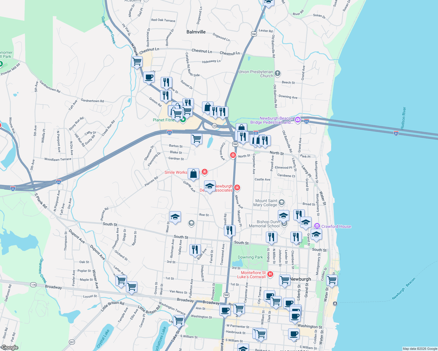 map of restaurants, bars, coffee shops, grocery stores, and more near 24 South Robinson Avenue in Newburgh