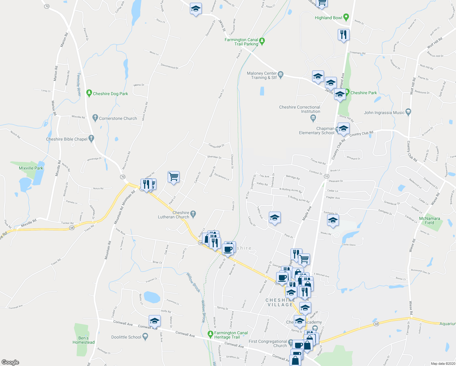 map of restaurants, bars, coffee shops, grocery stores, and more near 355 Sycamore Lane in Cheshire