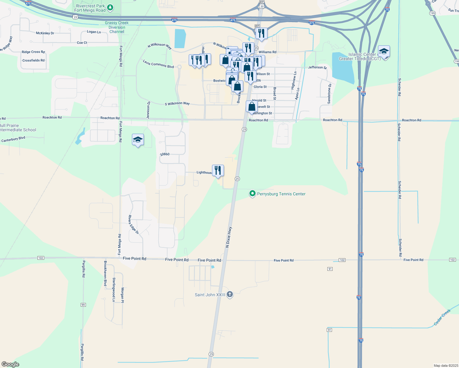 map of restaurants, bars, coffee shops, grocery stores, and more near 7001 Lighthouse Way in Perrysburg