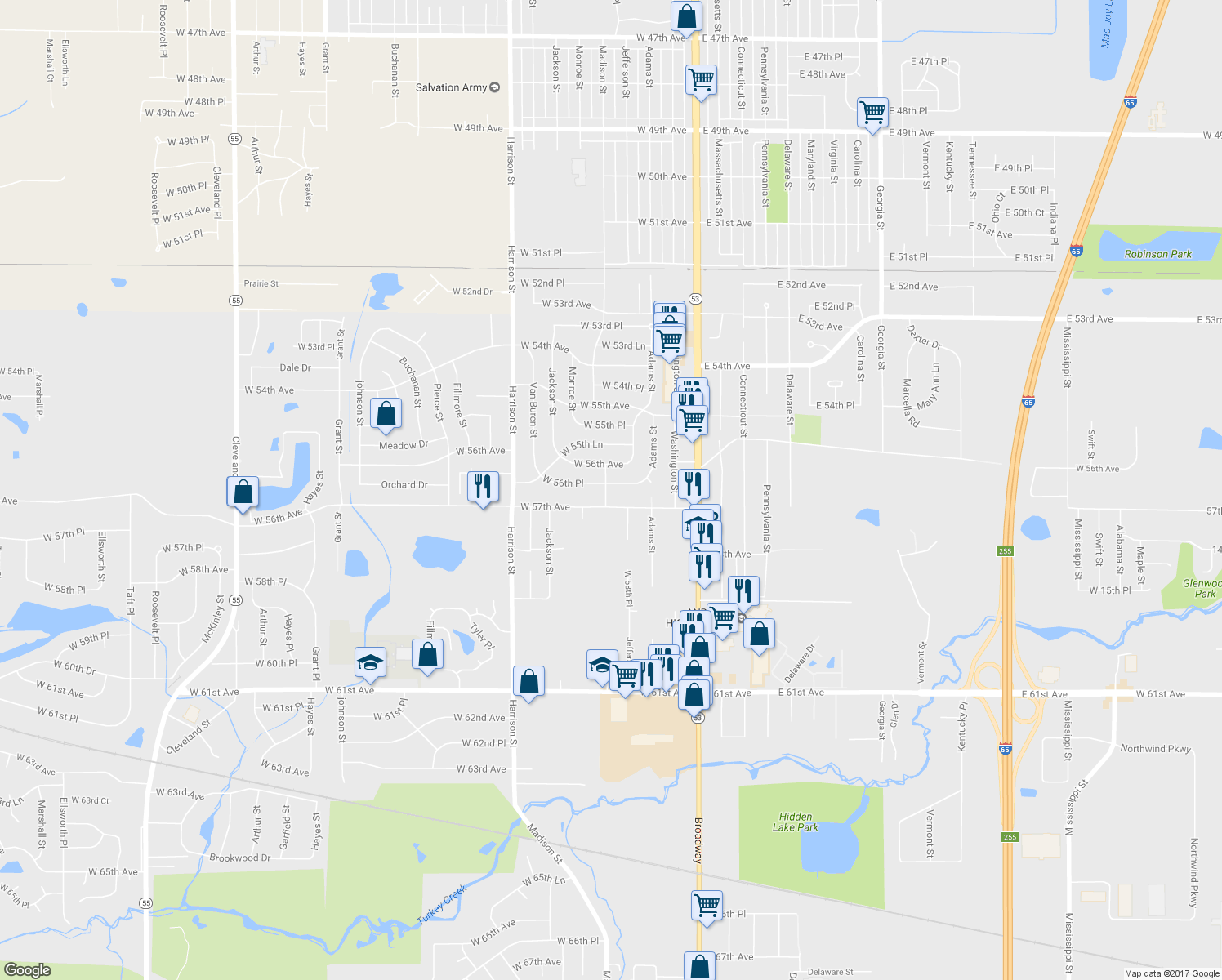 map of restaurants, bars, coffee shops, grocery stores, and more near 335 West 56th Place in Merrillville