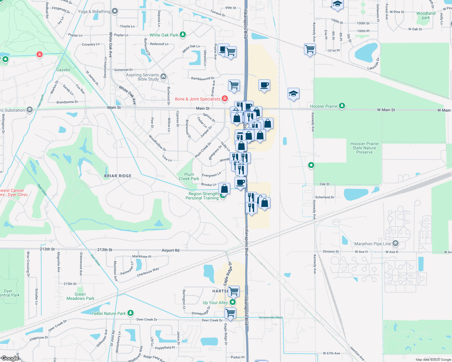 map of restaurants, bars, coffee shops, grocery stores, and more near 399 Whitewood Dr in Schererville