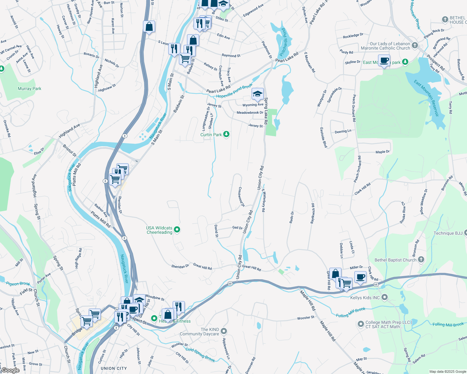 map of restaurants, bars, coffee shops, grocery stores, and more near 210 Crestwood Drive in Naugatuck