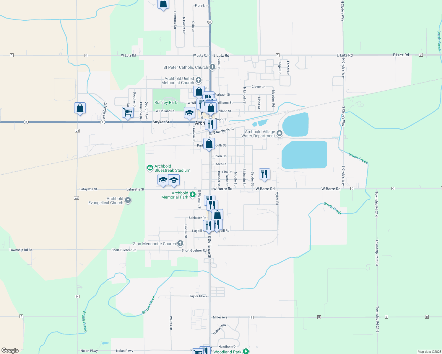 map of restaurants, bars, coffee shops, grocery stores, and more near 504 Brussel Street in Archbold
