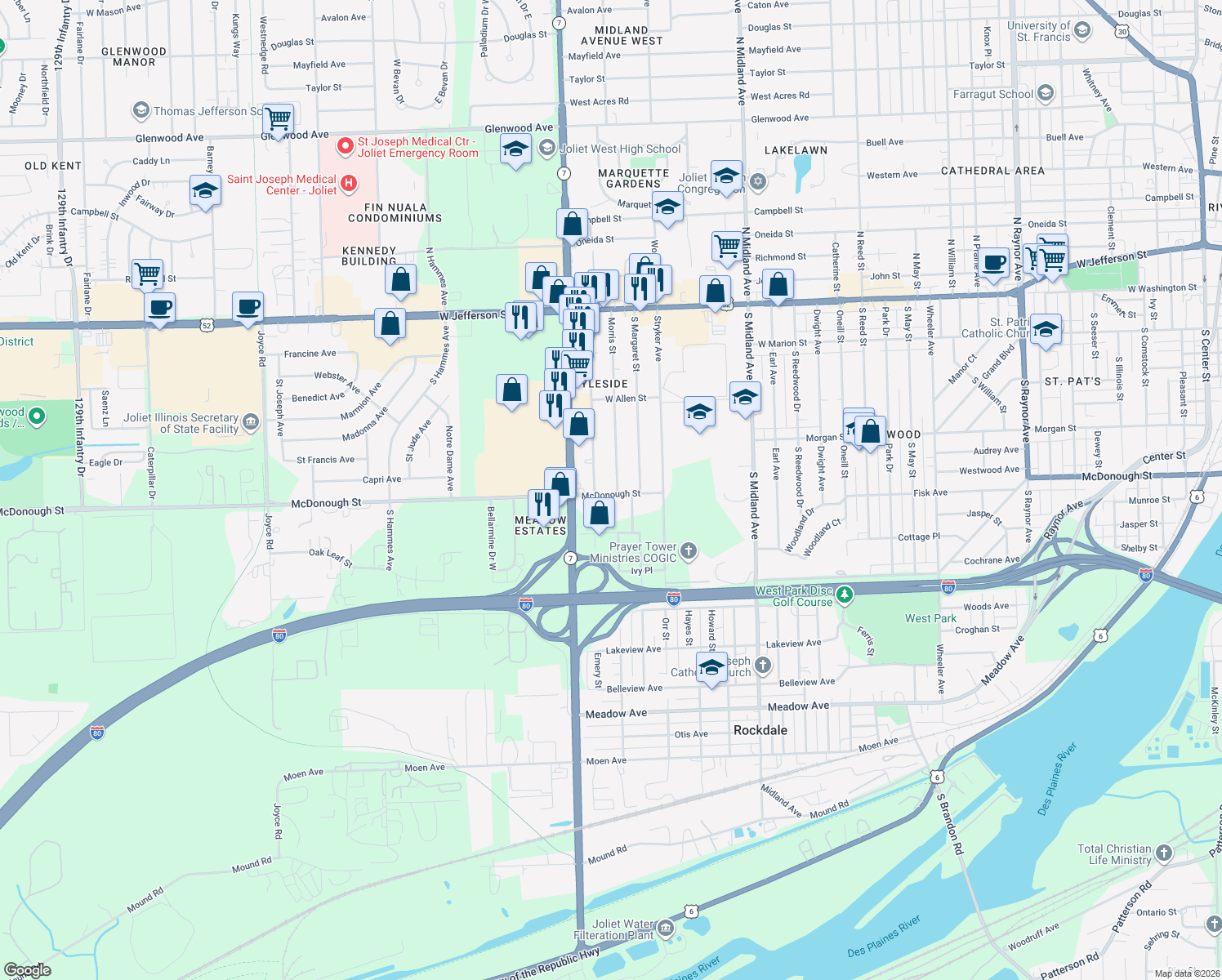 map of restaurants, bars, coffee shops, grocery stores, and more near 325 Morris Street in Joliet