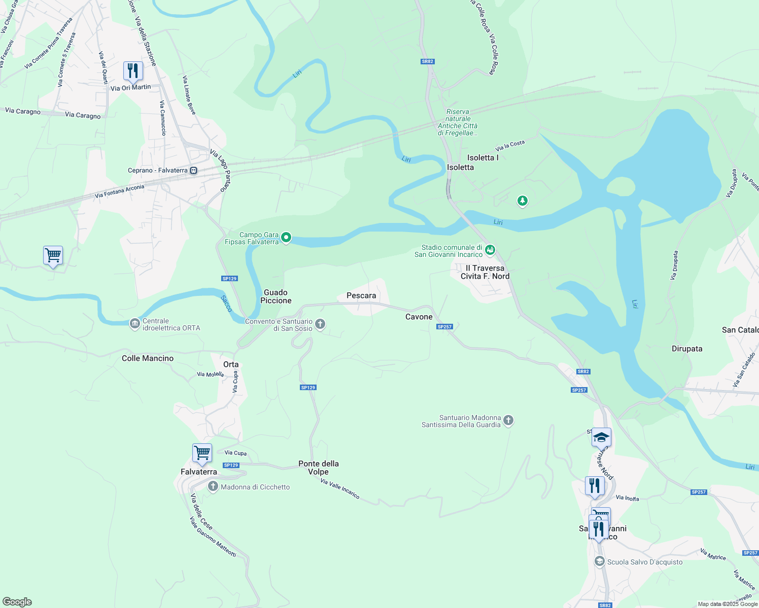 map of restaurants, bars, coffee shops, grocery stores, and more near Via Chiusa dei Ricci - SP73 in Frosinone