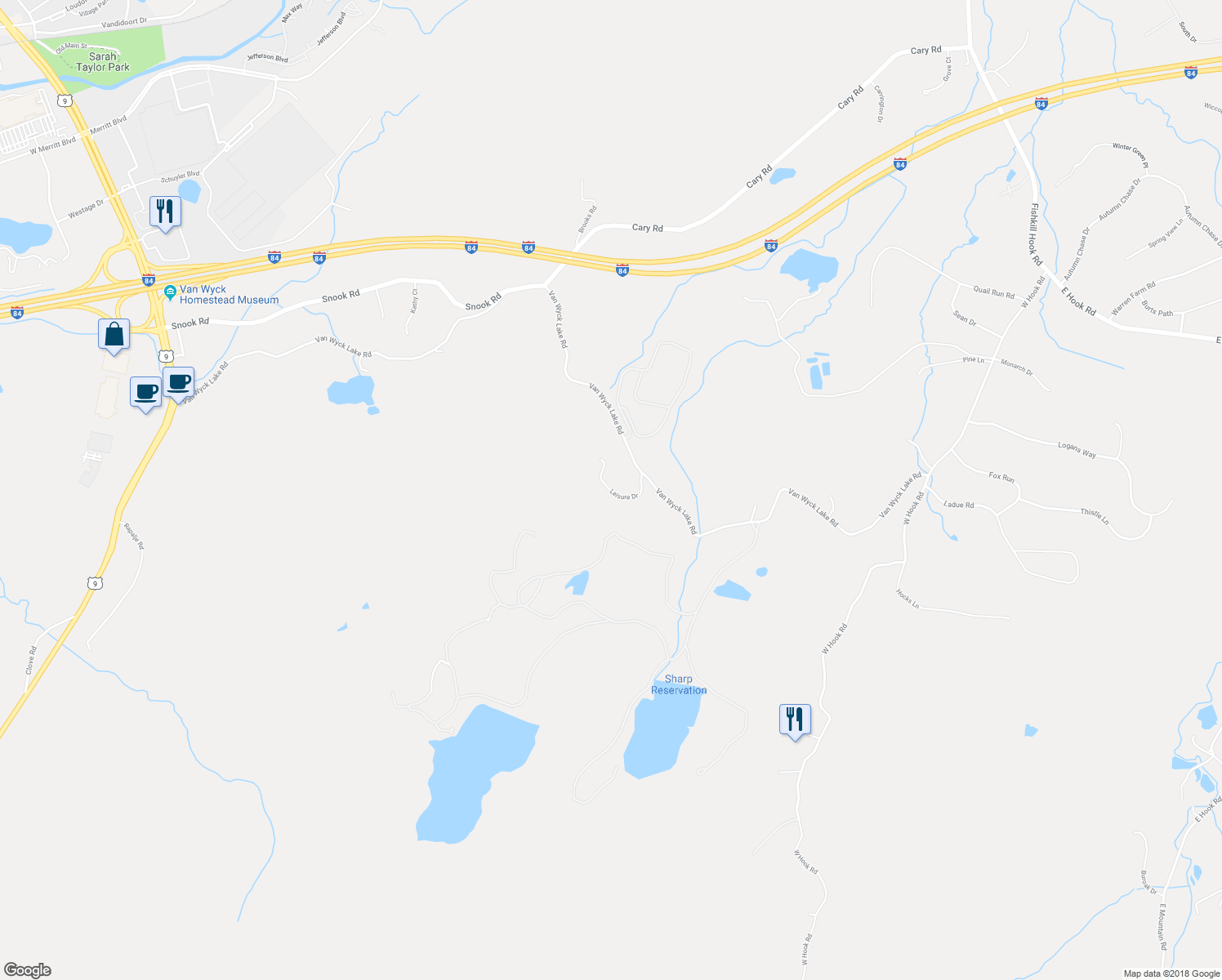map of restaurants, bars, coffee shops, grocery stores, and more near Leisure Drive in Fishkill