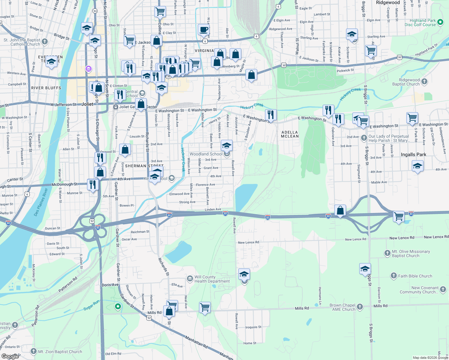 map of restaurants, bars, coffee shops, grocery stores, and more near 402 Hobbs Avenue in Joliet