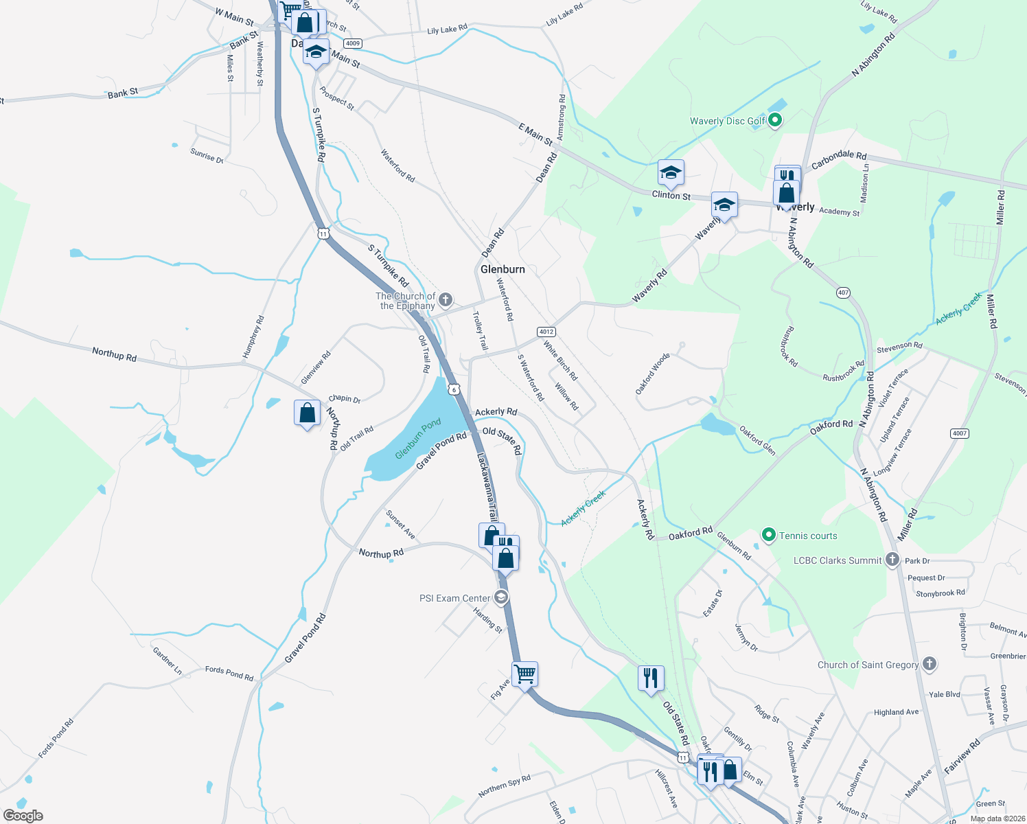 map of restaurants, bars, coffee shops, grocery stores, and more near 114 Ackerly Road in Clarks Summit