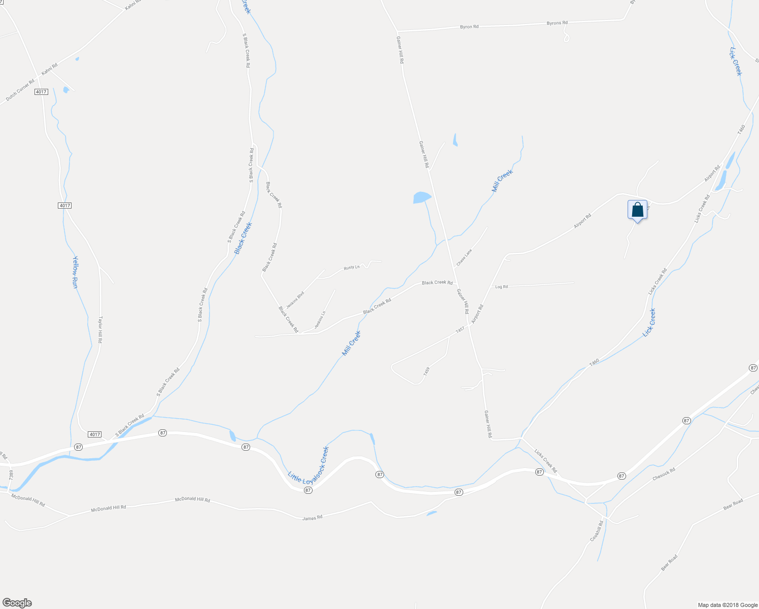 map of restaurants, bars, coffee shops, grocery stores, and more near Black Creek Road in Dushore