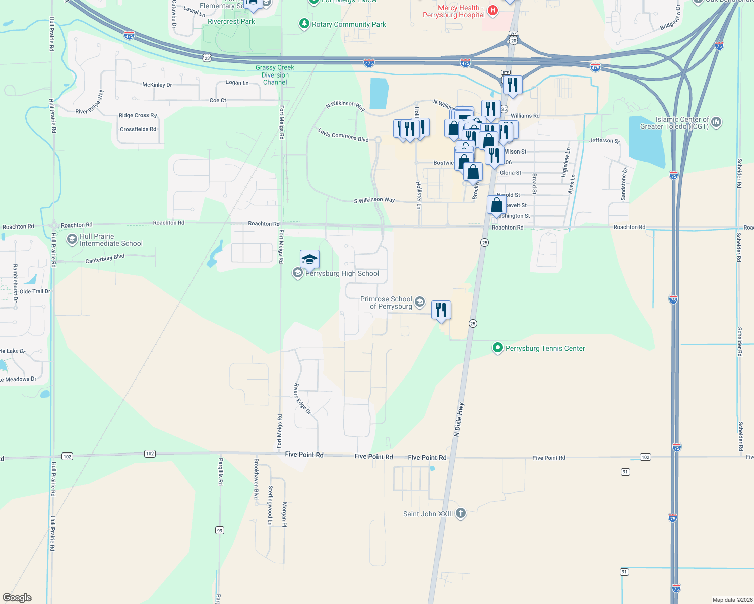map of restaurants, bars, coffee shops, grocery stores, and more near 1930 Horseshoe Bend Drive in Perrysburg