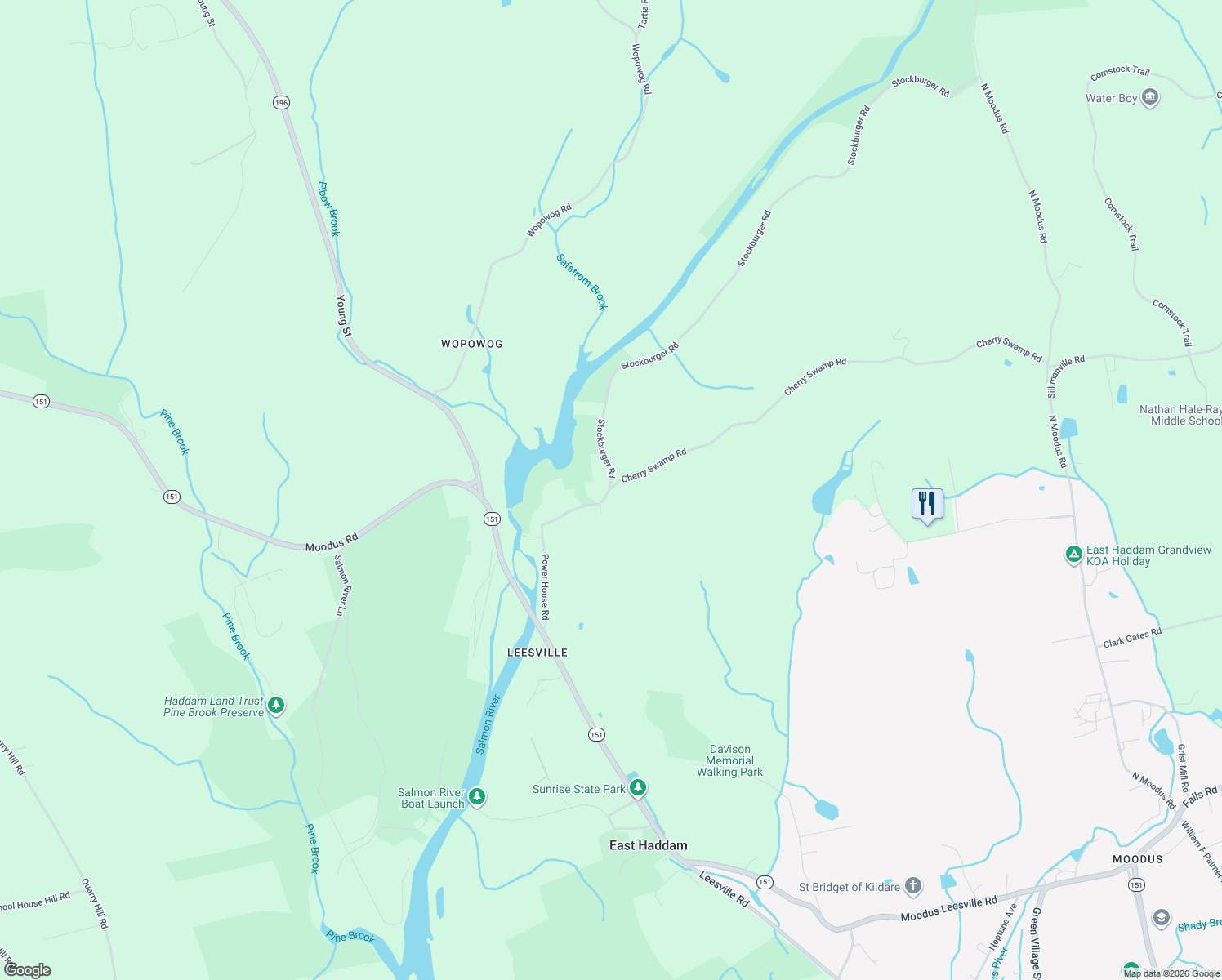 map of restaurants, bars, coffee shops, grocery stores, and more near 6 Cherry Swamp Road in East Haddam