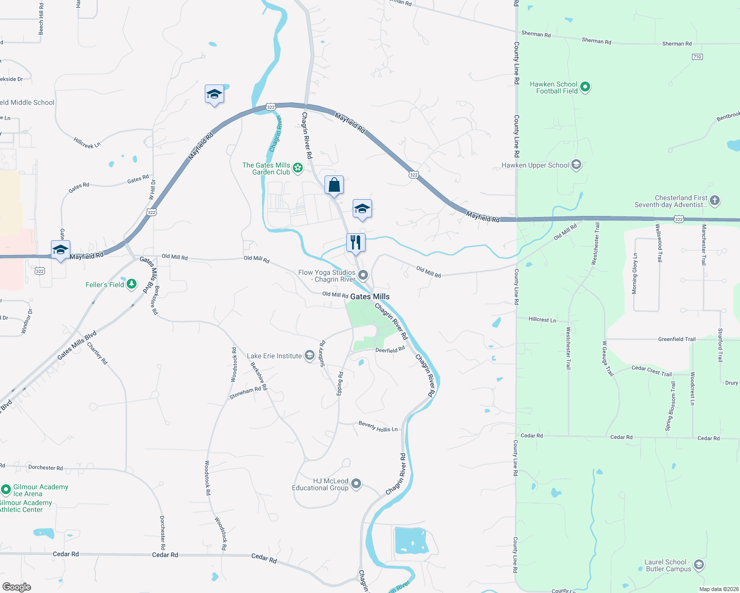 map of restaurants, bars, coffee shops, grocery stores, and more near in Gates Mills