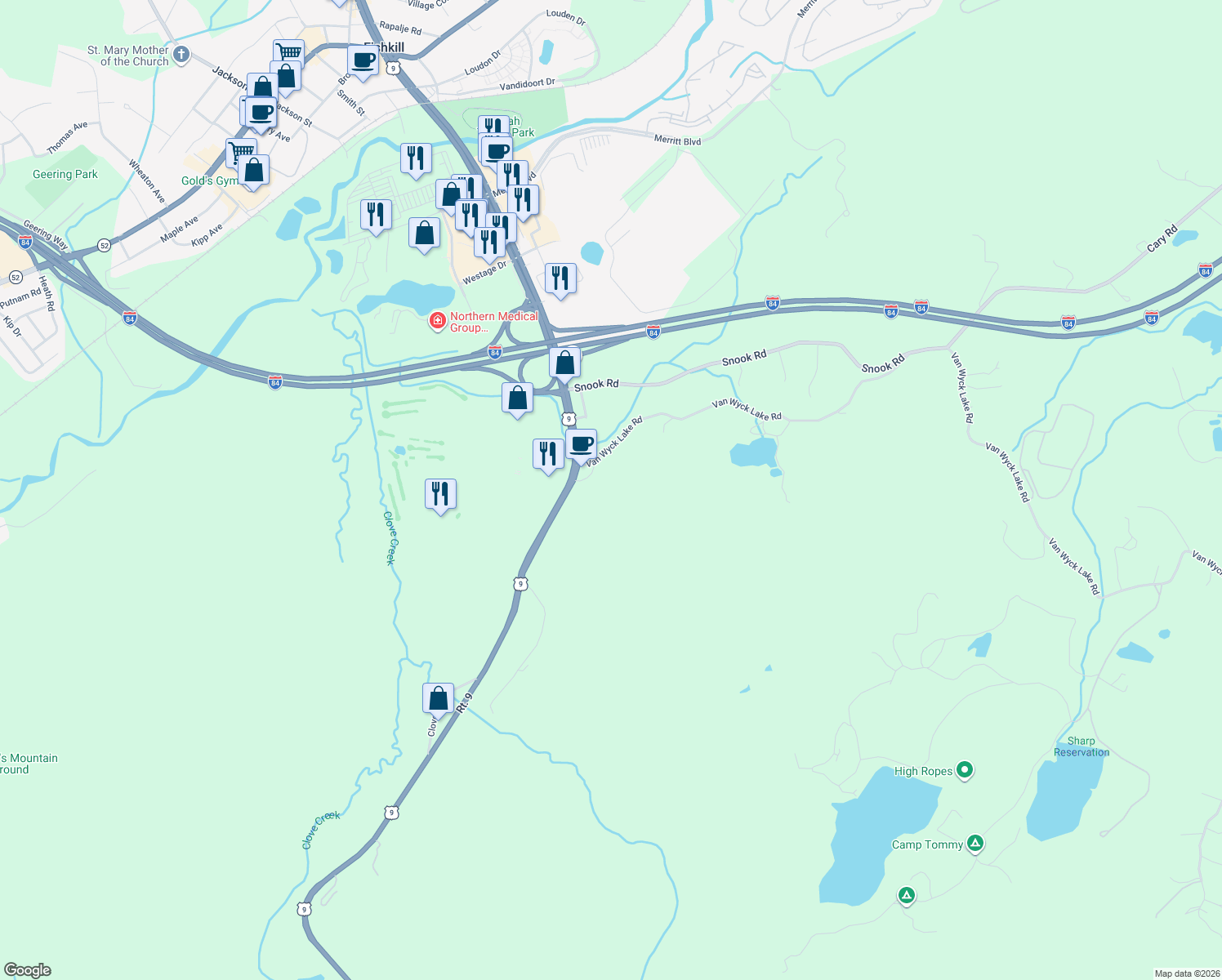 map of restaurants, bars, coffee shops, grocery stores, and more near 448 New York State Bicycle Route 9 in Fishkill