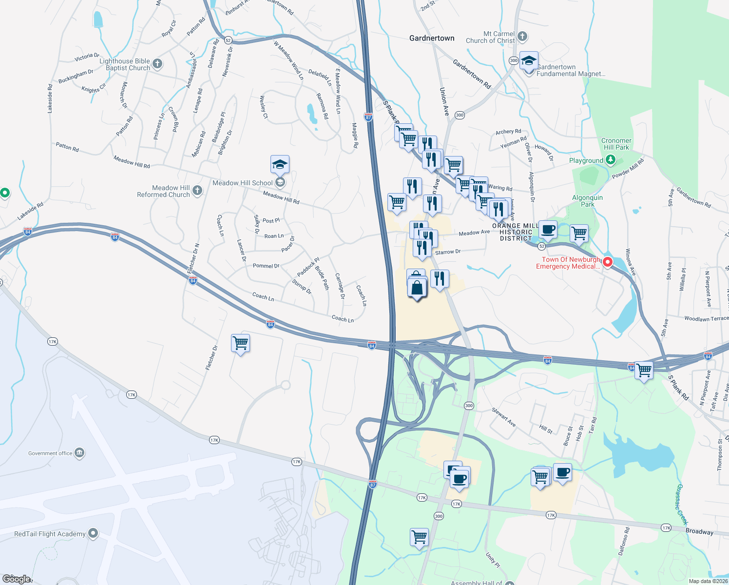 map of restaurants, bars, coffee shops, grocery stores, and more near 129 Coach Lane in Newburgh