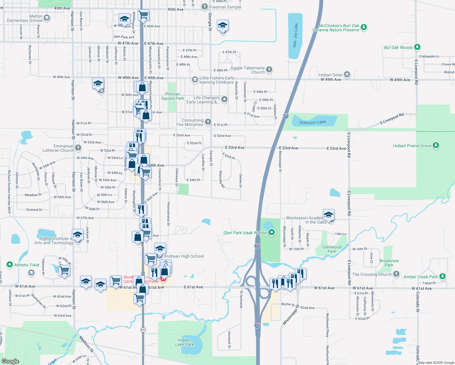 map of restaurants, bars, coffee shops, grocery stores, and more near 5481 Marcella Road in Merrillville