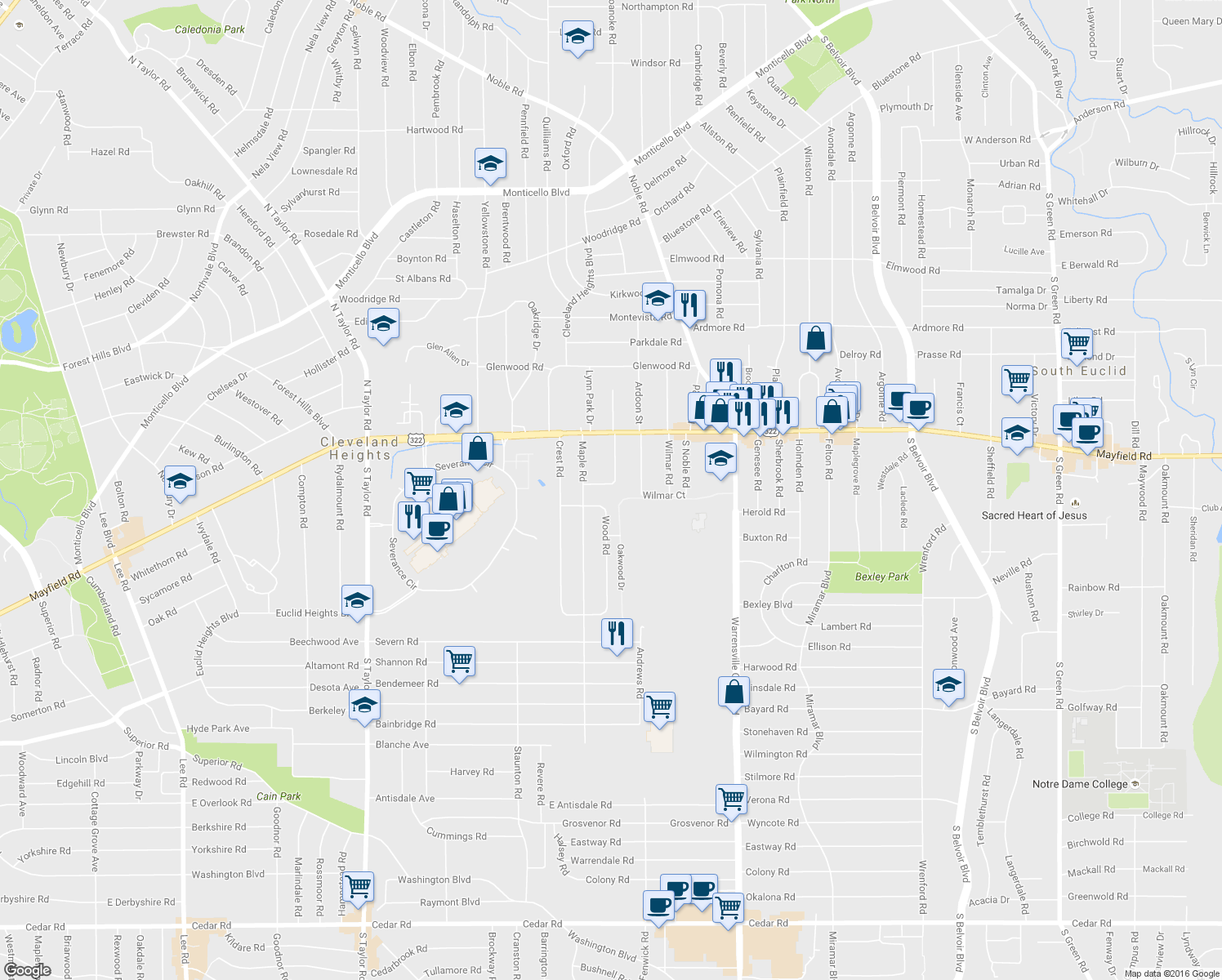 map of restaurants, bars, coffee shops, grocery stores, and more near 1508 Parkhill Road in Cleveland Heights