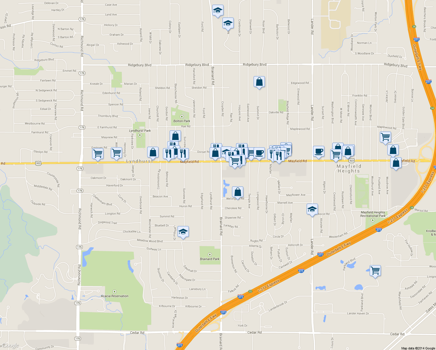 map of restaurants, bars, coffee shops, grocery stores, and more near 1520 Brainard Road in Lyndhurst