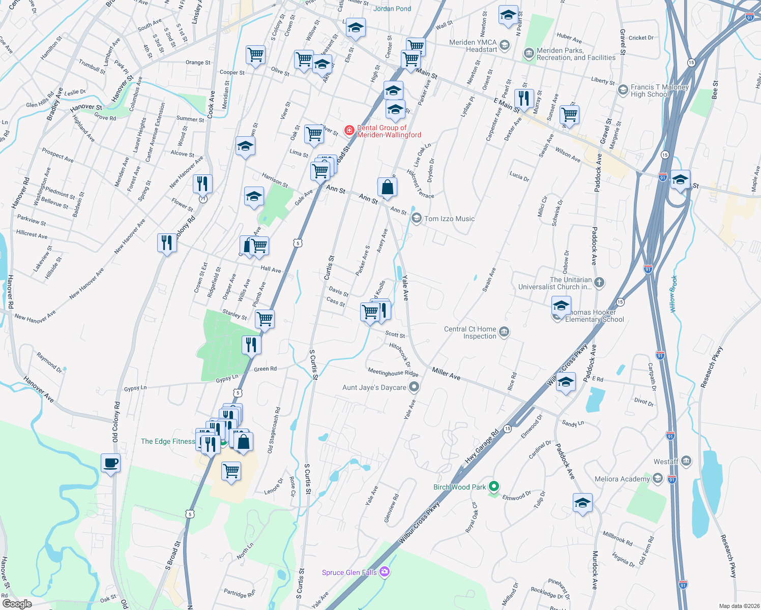 map of restaurants, bars, coffee shops, grocery stores, and more near 68 Westwood Knolls in Meriden