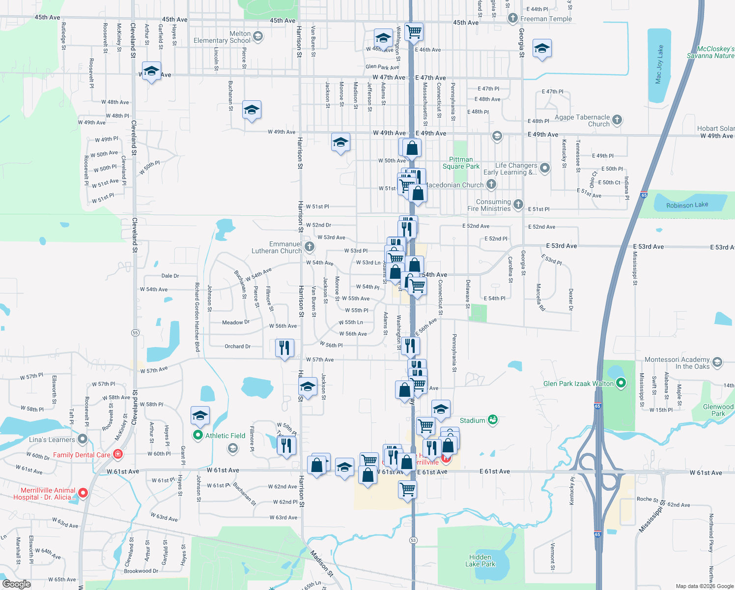 map of restaurants, bars, coffee shops, grocery stores, and more near 310 W 55th Ave in Merrillville