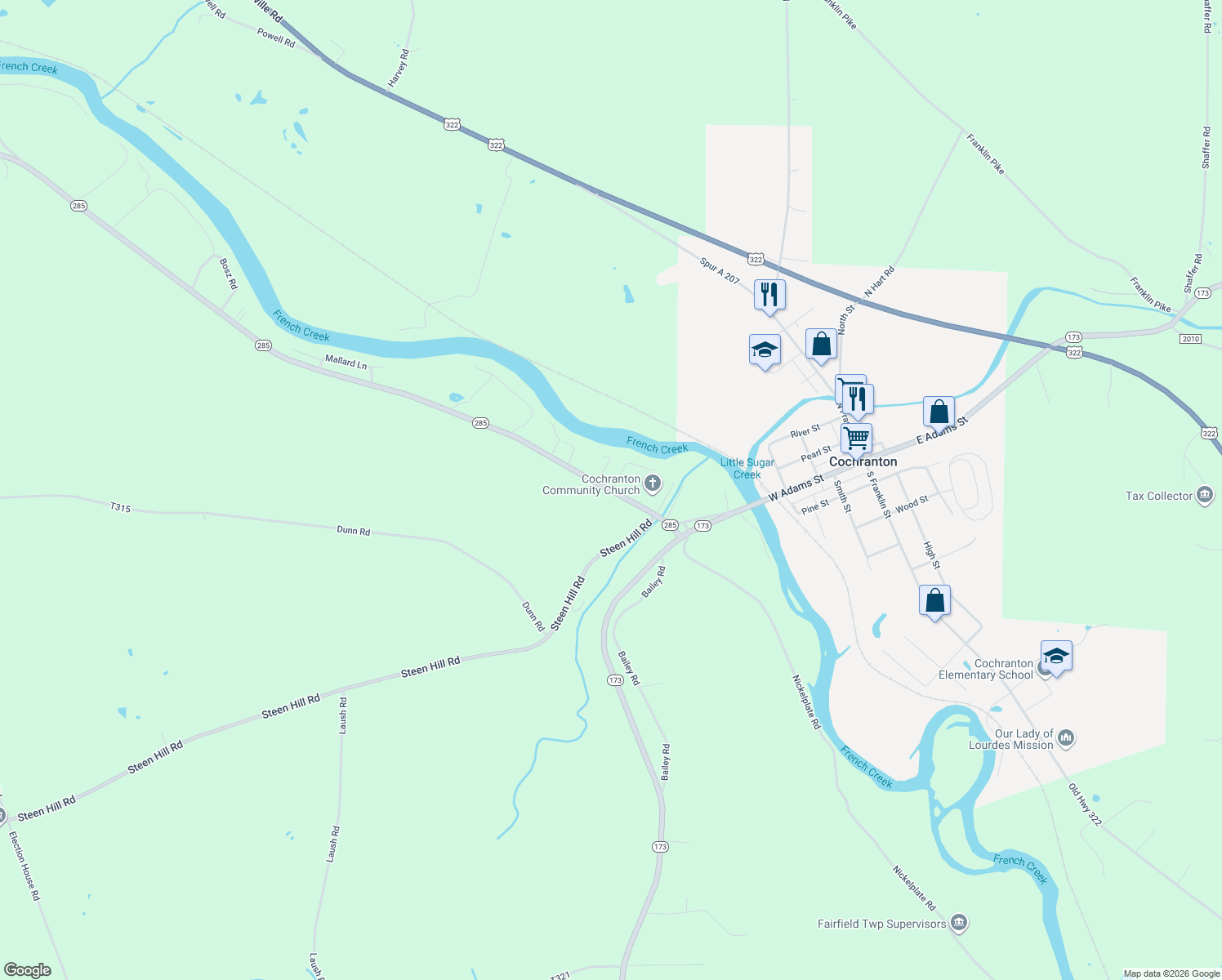 map of restaurants, bars, coffee shops, grocery stores, and more near 23898 W Church St in Cochranton