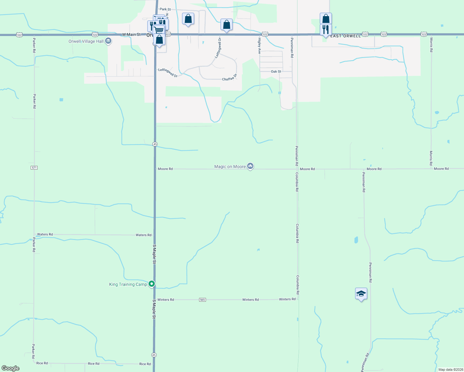map of restaurants, bars, coffee shops, grocery stores, and more near 3028 Moore Rd in Orwell