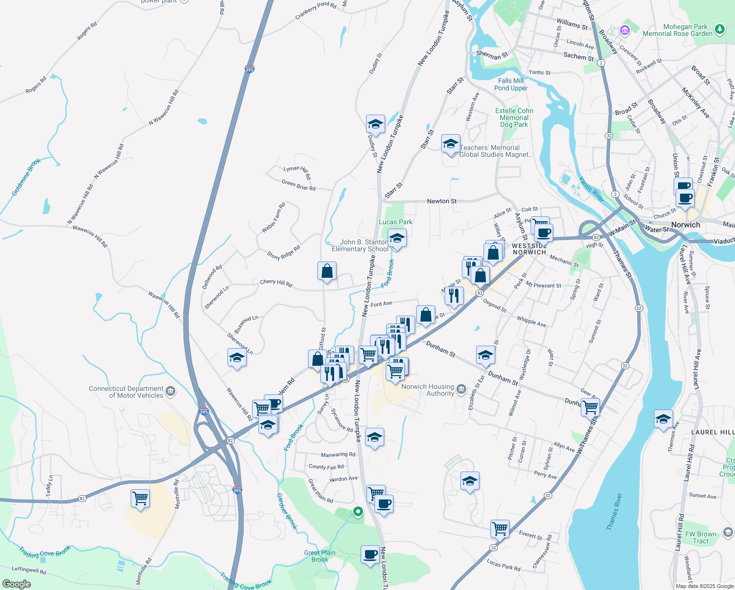map of restaurants, bars, coffee shops, grocery stores, and more near 2 Thomas Avenue in Norwich