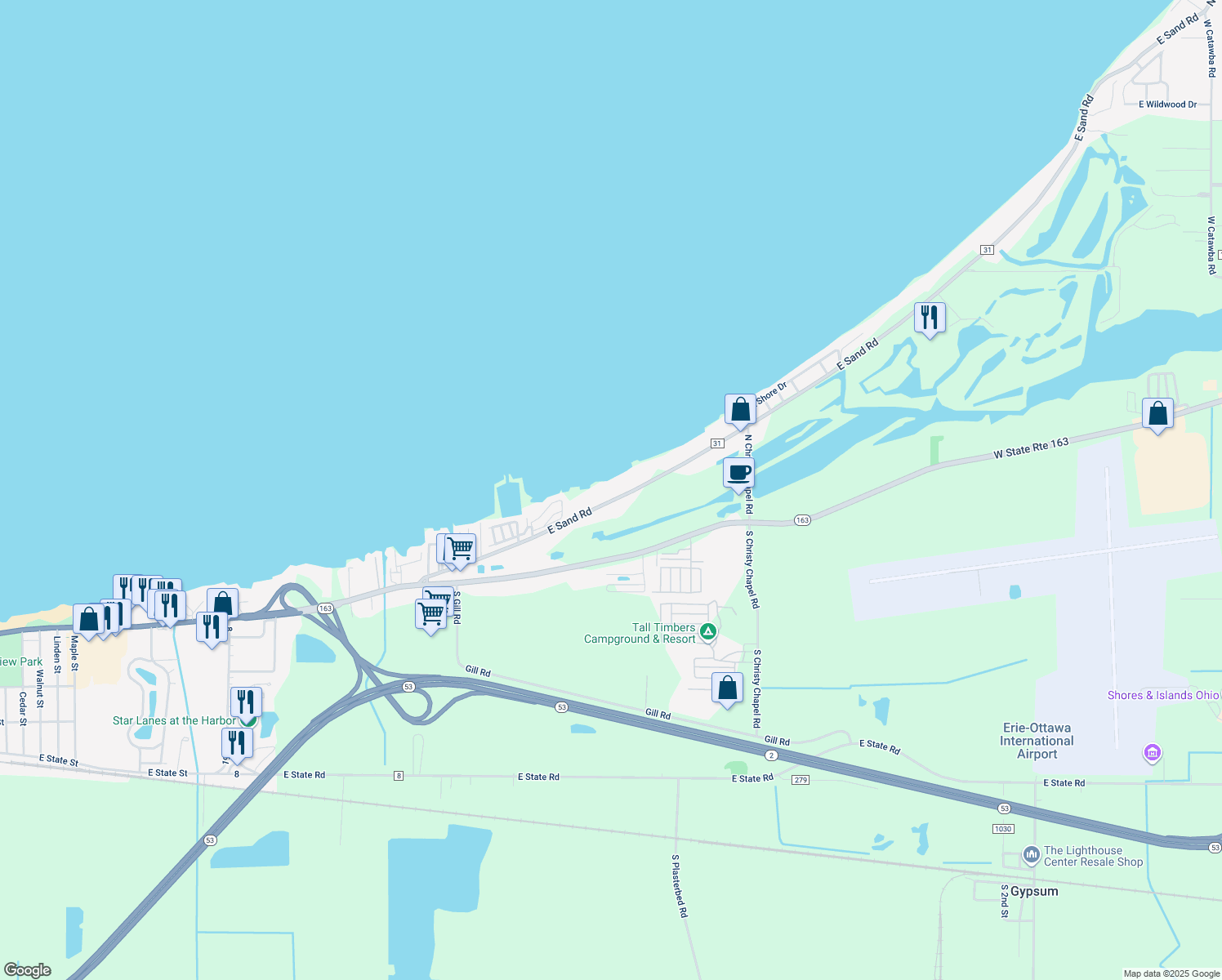 map of restaurants, bars, coffee shops, grocery stores, and more near 2237 East Sand Road in Port Clinton