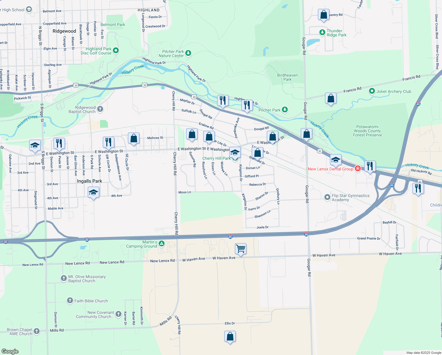 map of restaurants, bars, coffee shops, grocery stores, and more near 350 Essex Lane in New Lenox