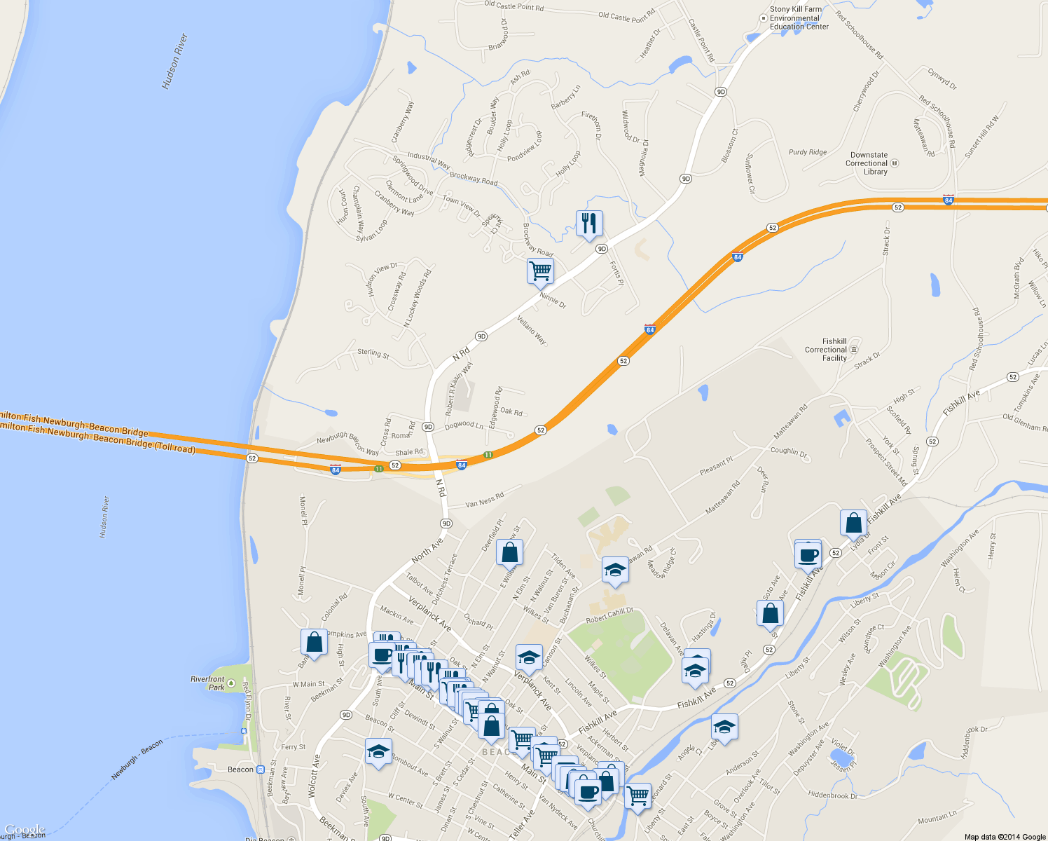 map of restaurants, bars, coffee shops, grocery stores, and more near 7 Oak Road in Beacon