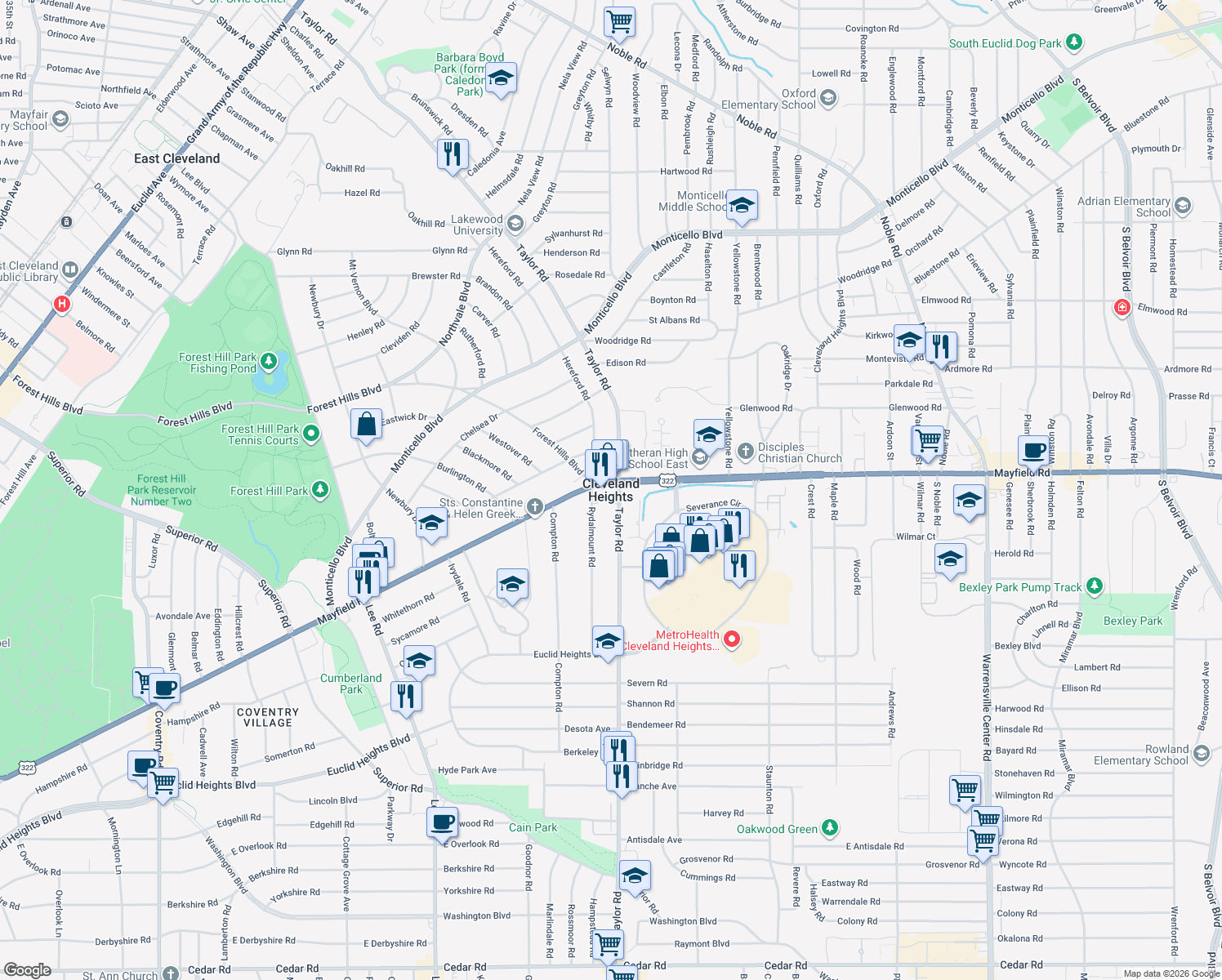 map of restaurants, bars, coffee shops, grocery stores, and more near in Cleveland Heights