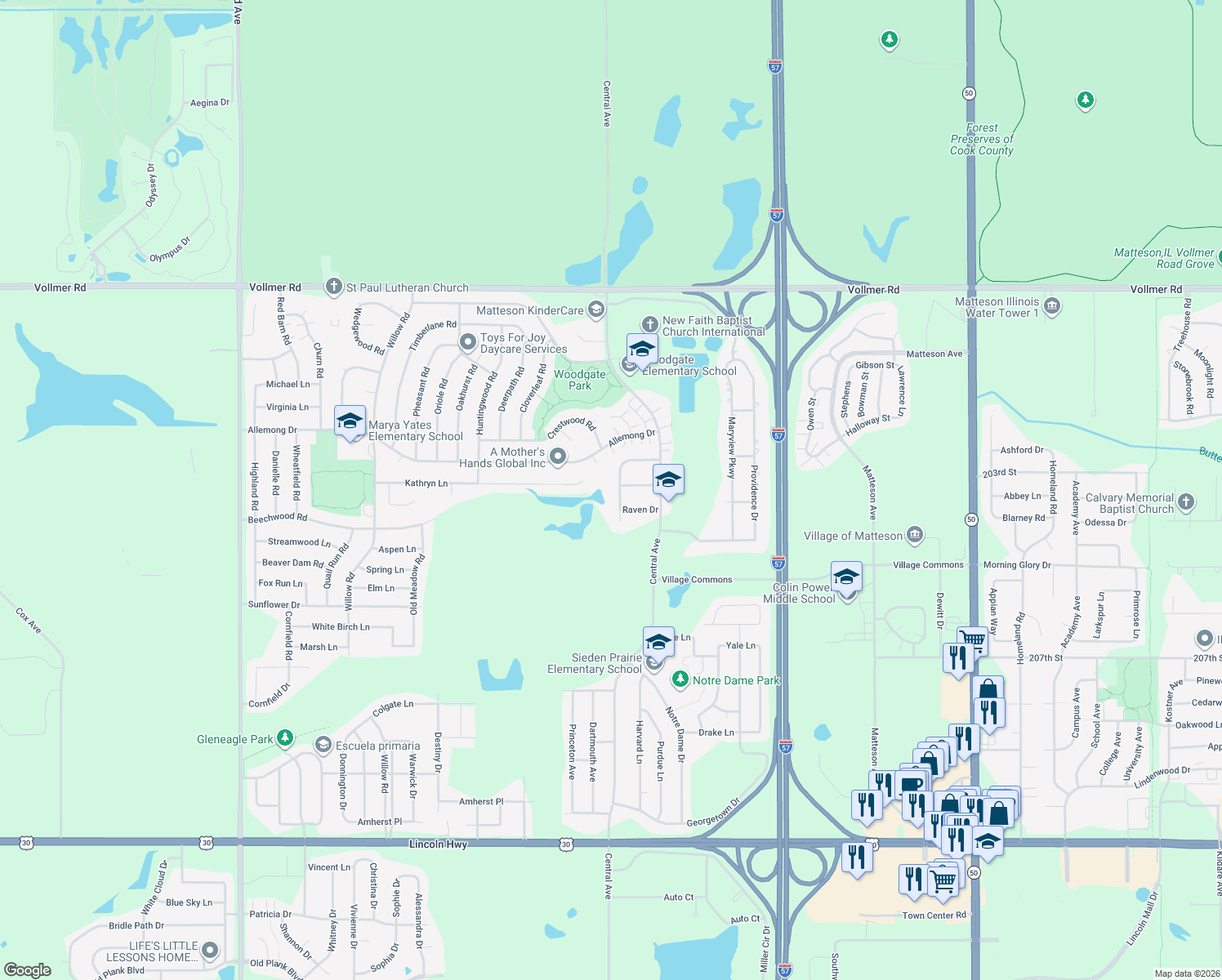 map of restaurants, bars, coffee shops, grocery stores, and more near 5626 Feather Creek Road in Matteson