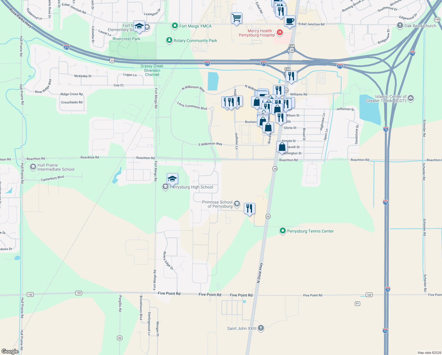 map of restaurants, bars, coffee shops, grocery stores, and more near 1557 Horseshoe Bend Dr in Perrysburg