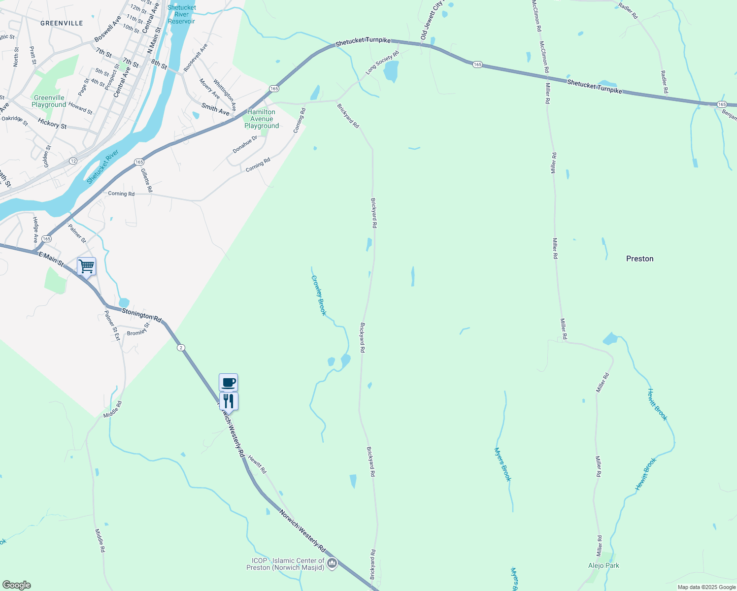 map of restaurants, bars, coffee shops, grocery stores, and more near 125 Brickyard Road in Preston
