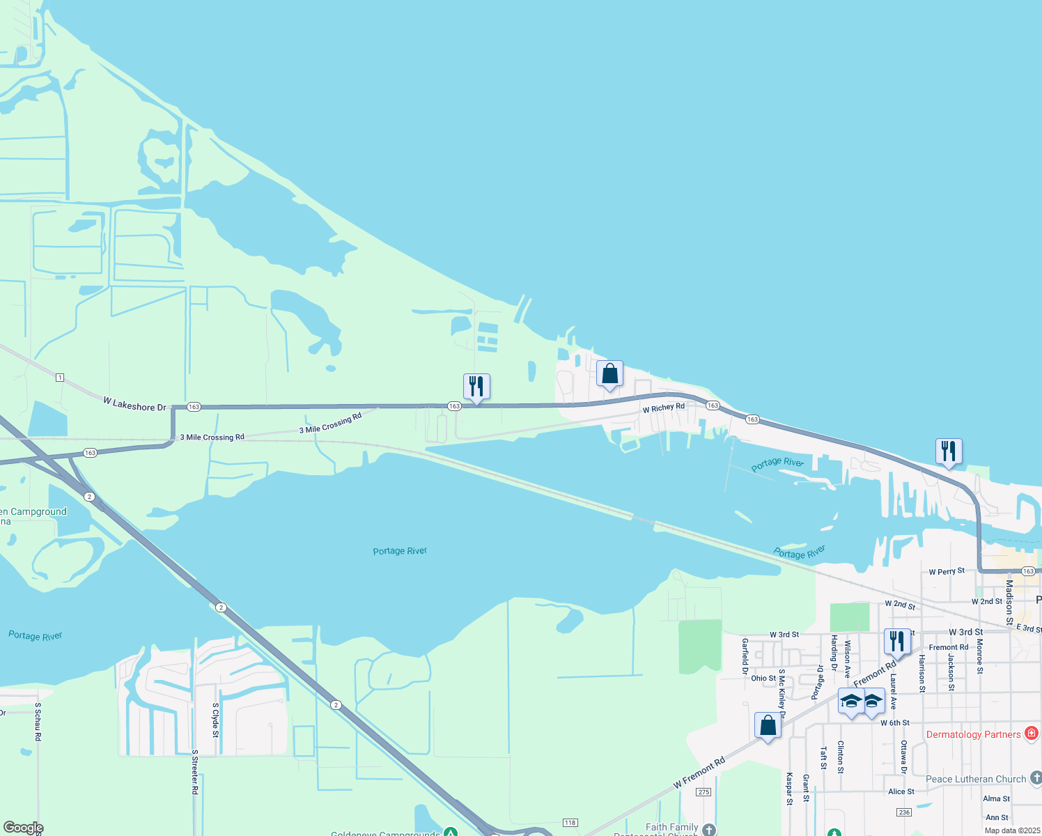 map of restaurants, bars, coffee shops, grocery stores, and more near 1776 West Lakeshore Drive in Port Clinton