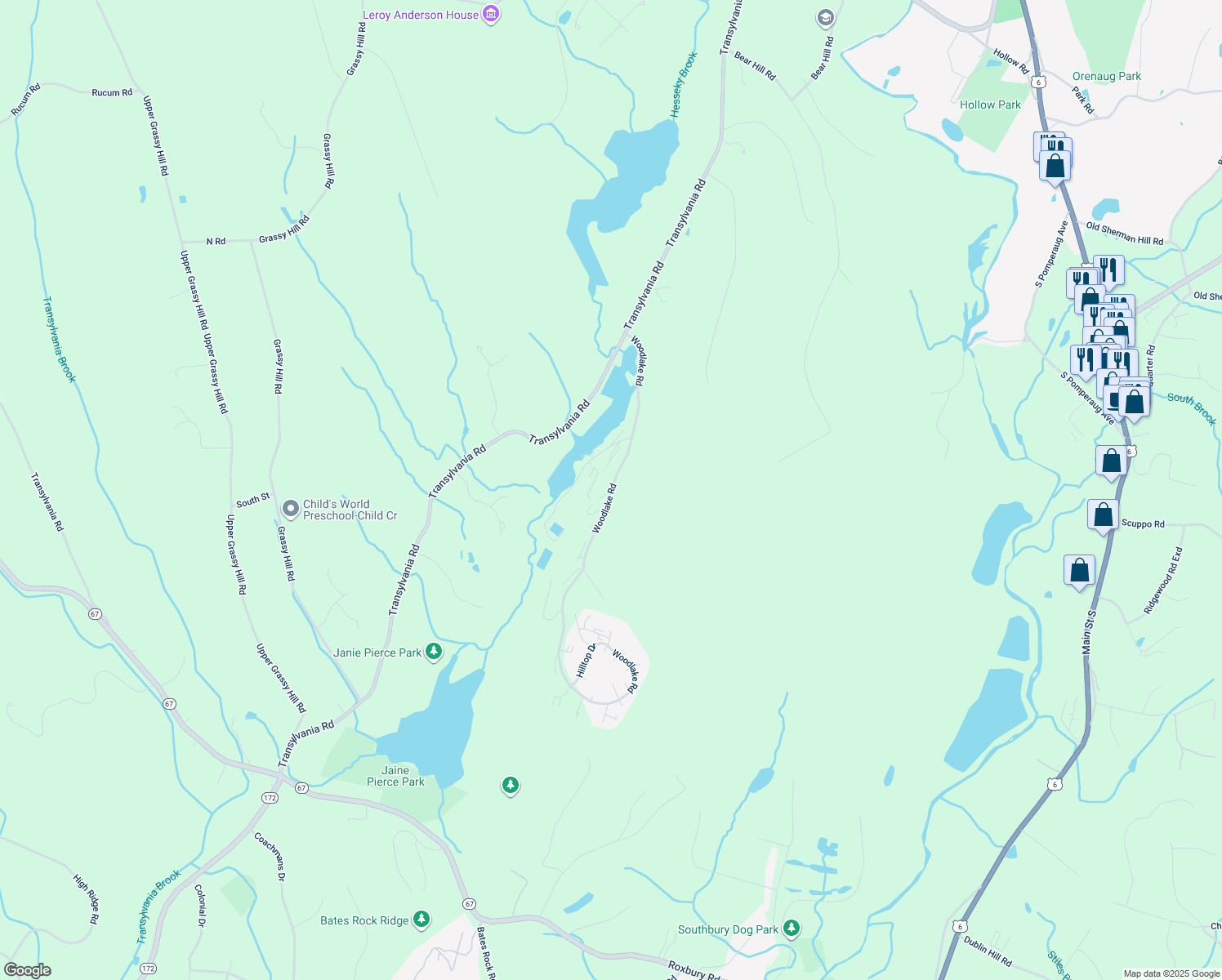 map of restaurants, bars, coffee shops, grocery stores, and more near 1 Shagbark Lane in Woodbury
