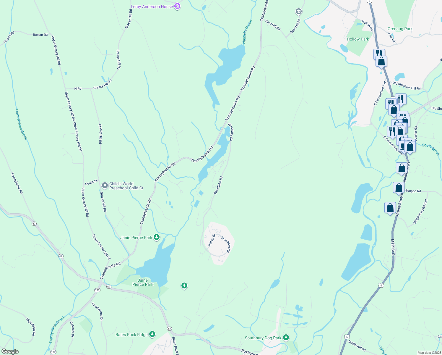 map of restaurants, bars, coffee shops, grocery stores, and more near 40 Clubhouse Drive in Woodbury