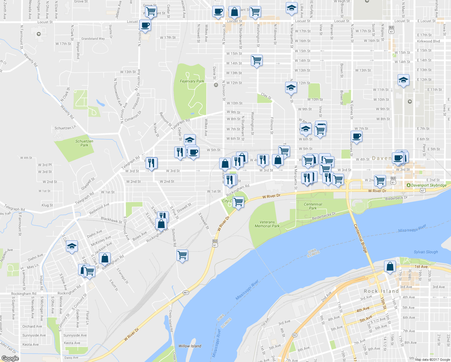 map of restaurants, bars, coffee shops, grocery stores, and more near 1699 West 2nd Street in Davenport