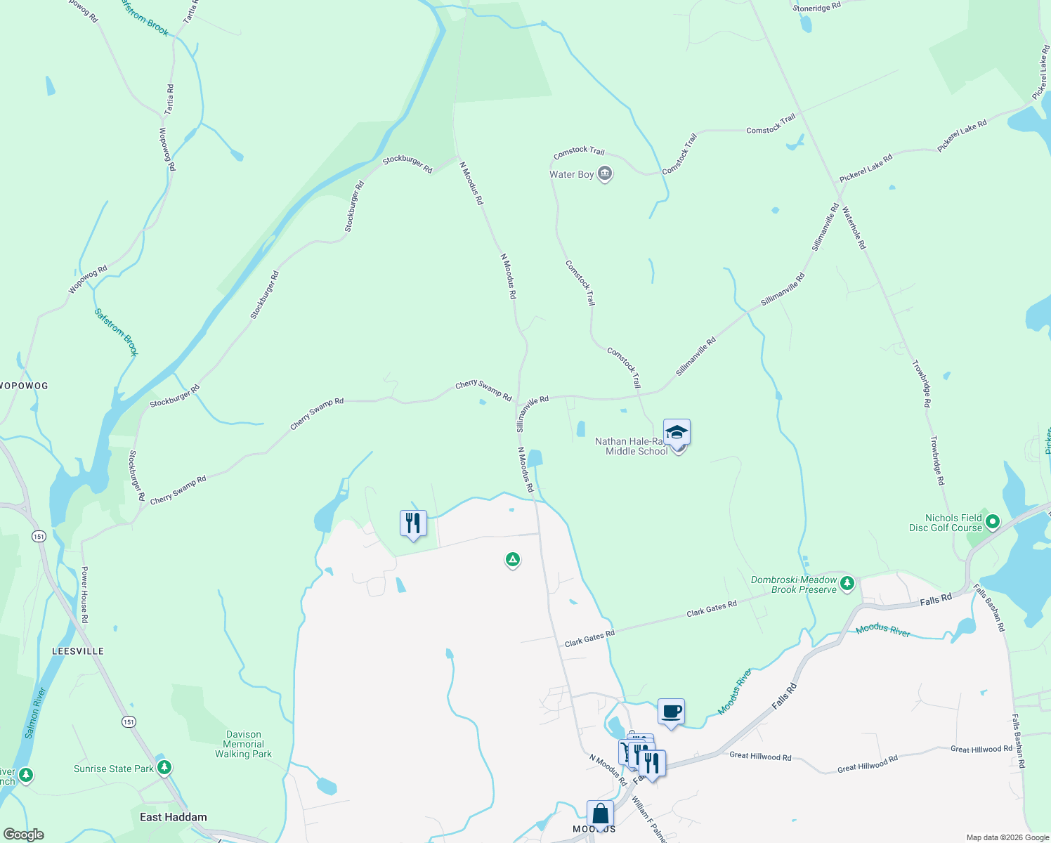 map of restaurants, bars, coffee shops, grocery stores, and more near 136 North Moodus Road in East Haddam