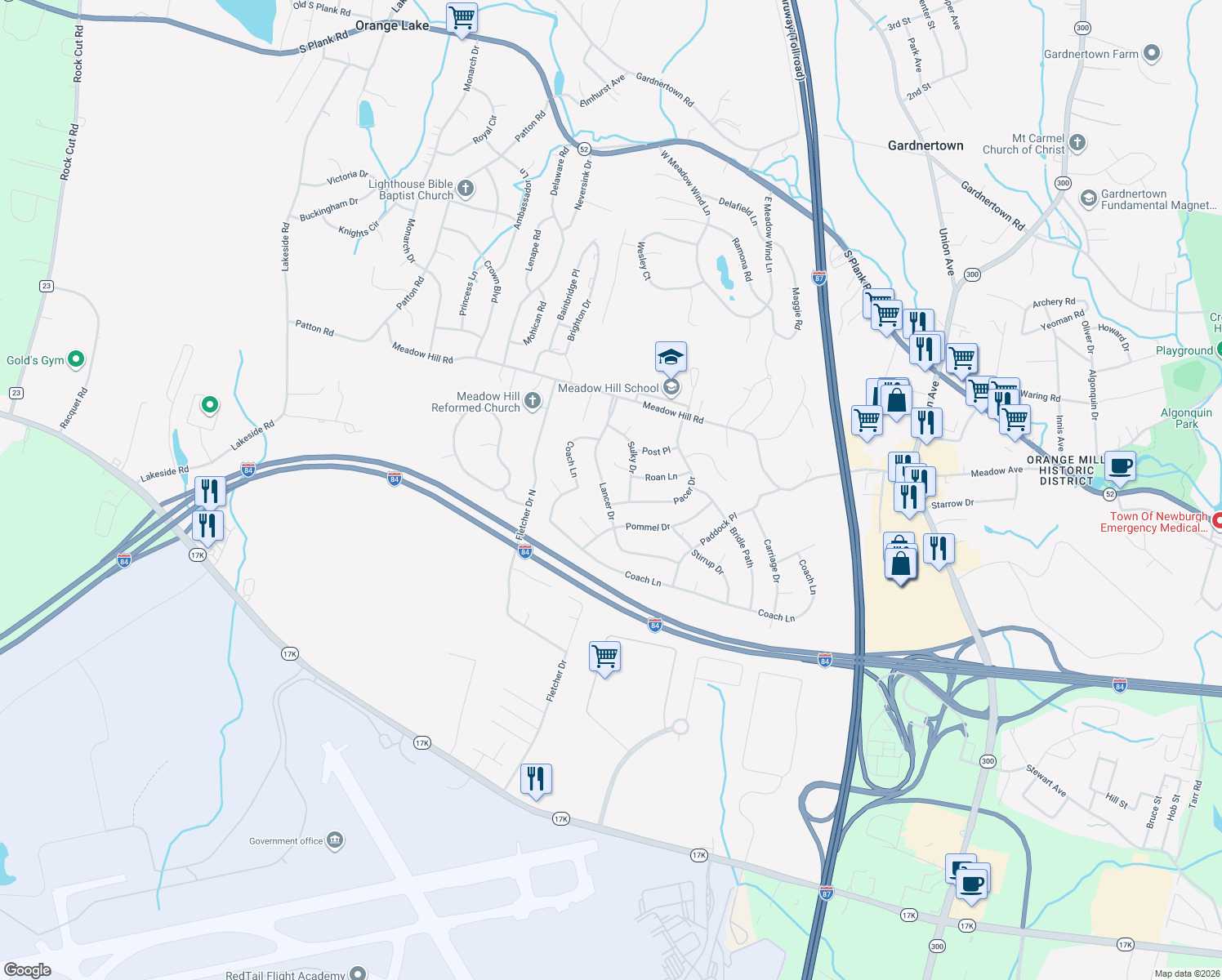 map of restaurants, bars, coffee shops, grocery stores, and more near 22 Lancer Drive in Newburgh