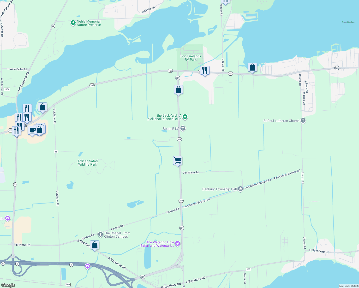 map of restaurants, bars, coffee shops, grocery stores, and more near 538 Bridge Rd in Lakeside Marblehead