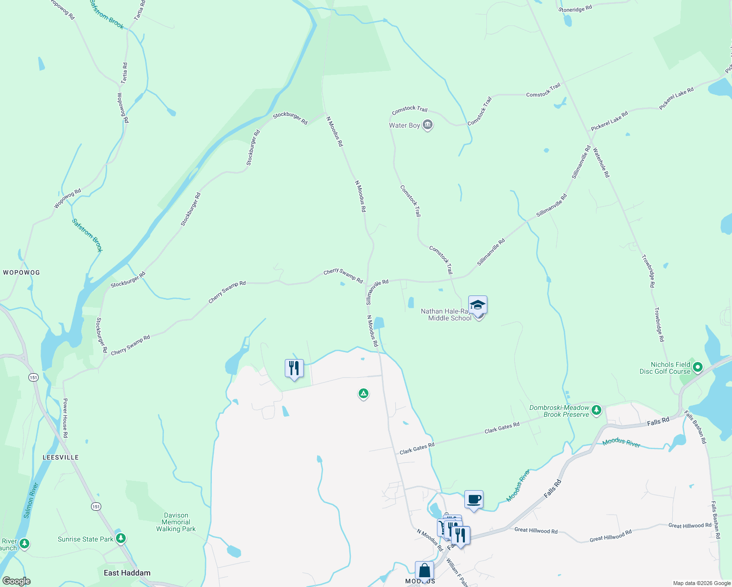 map of restaurants, bars, coffee shops, grocery stores, and more near 136 North Moodus Road in East Haddam