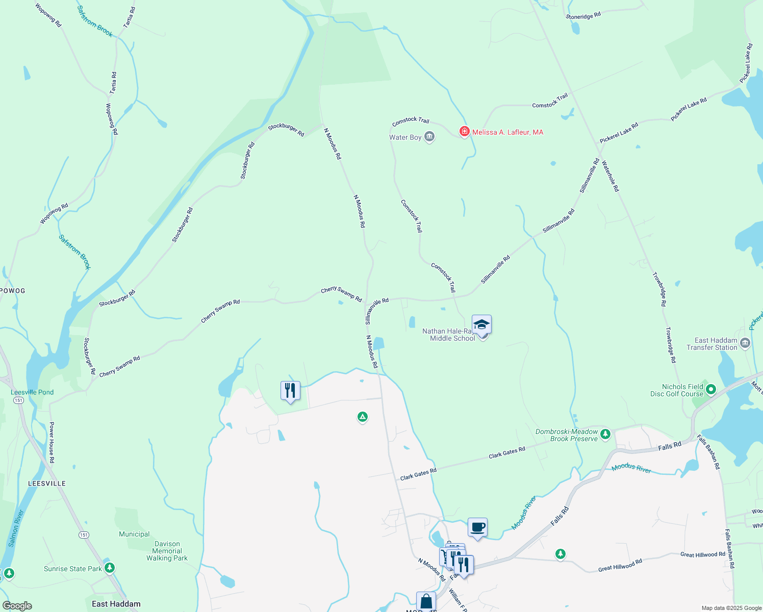 map of restaurants, bars, coffee shops, grocery stores, and more near 133 Sillimanville Road in East Haddam