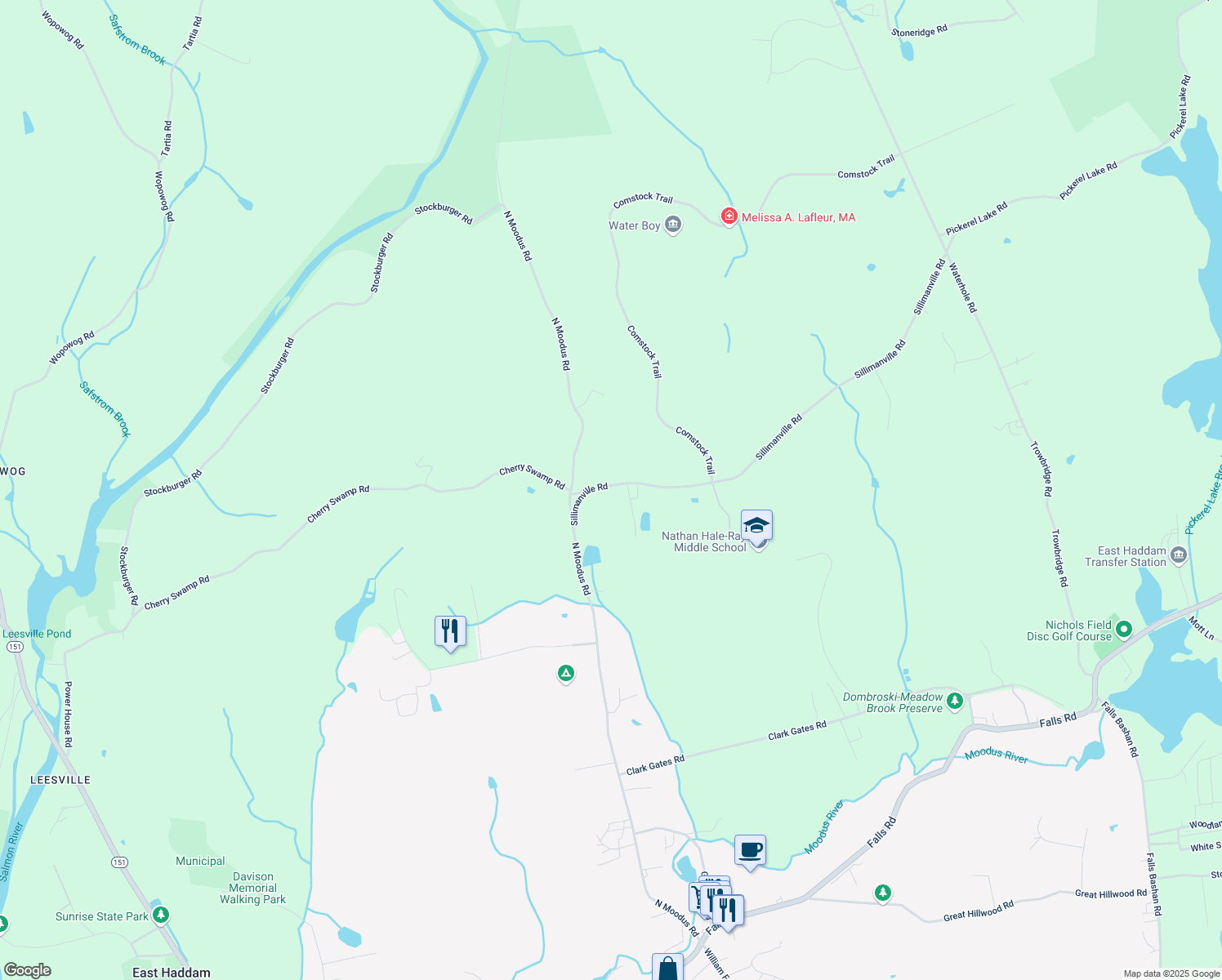 map of restaurants, bars, coffee shops, grocery stores, and more near 133 Sillimanville Road in East Haddam