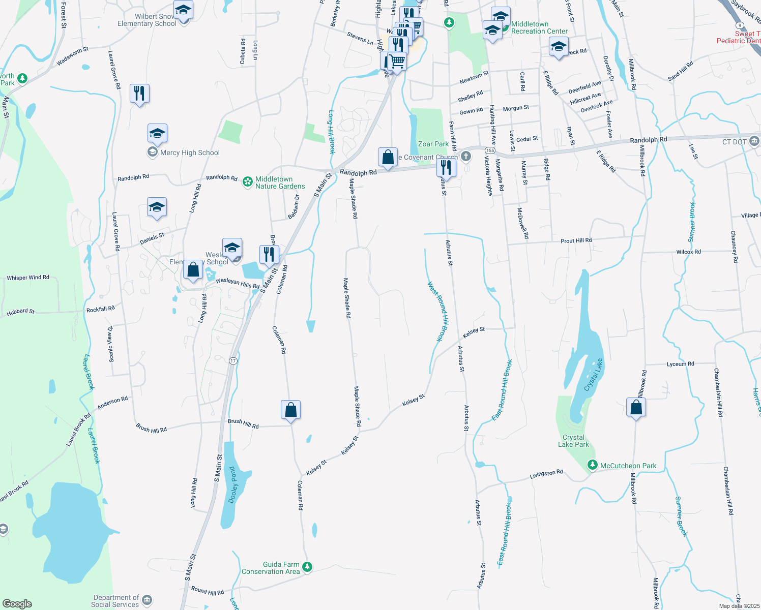 map of restaurants, bars, coffee shops, grocery stores, and more near 164 Cranberry Lane in Middletown