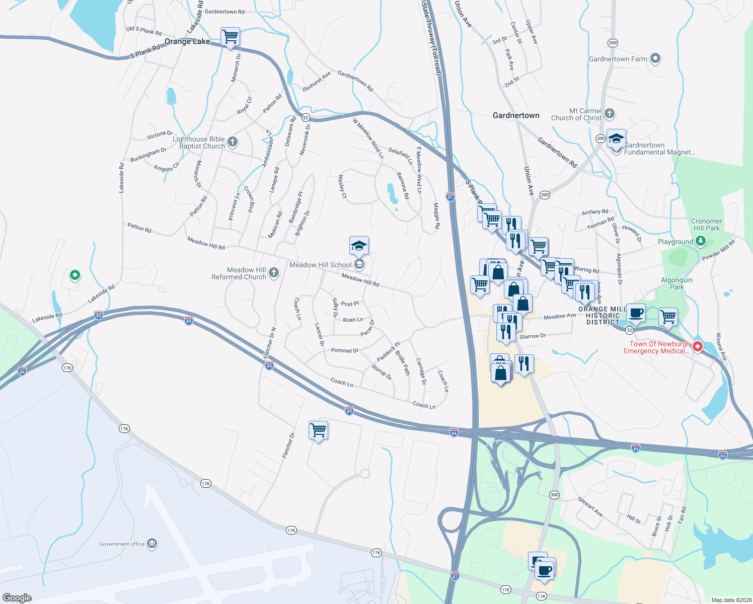 map of restaurants, bars, coffee shops, grocery stores, and more near 5 Jodhpur Lane in Newburgh
