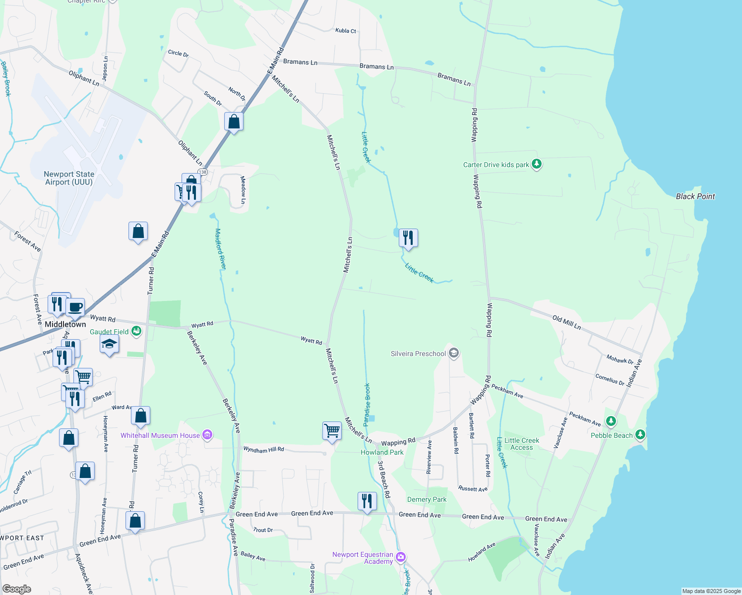 map of restaurants, bars, coffee shops, grocery stores, and more near 73 Fayal Lane in Middletown