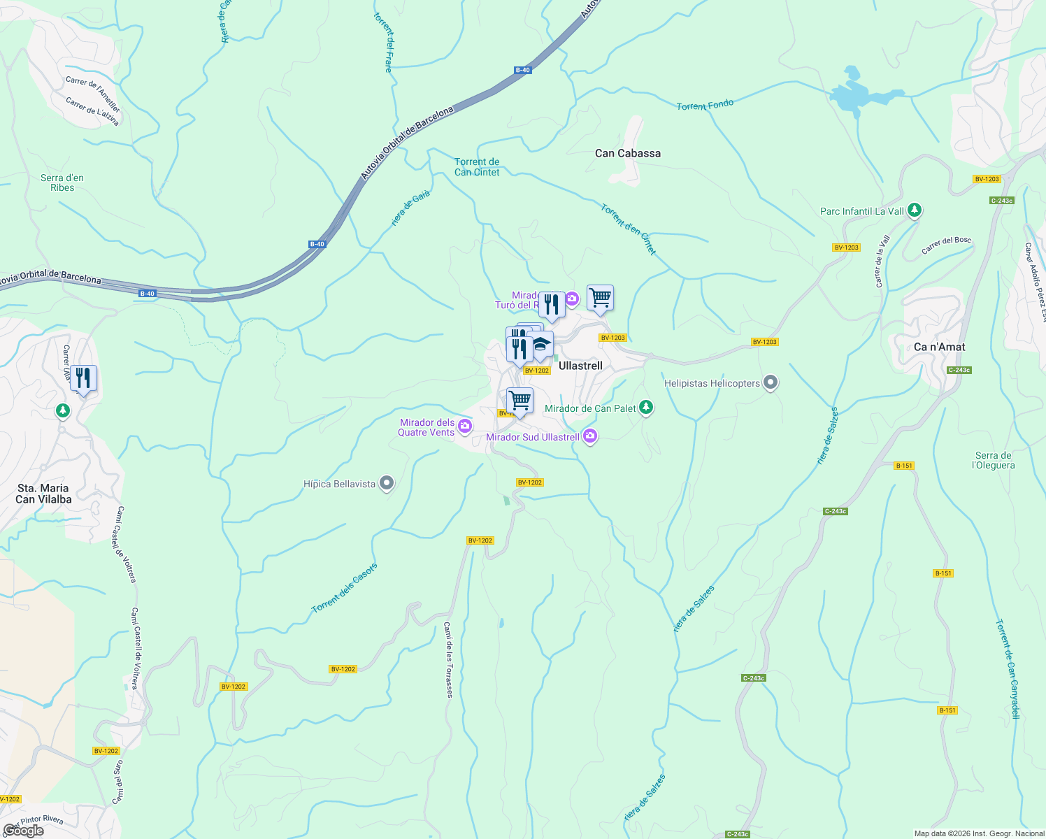 map of restaurants, bars, coffee shops, grocery stores, and more near 9 Carrer Pompeu Fabra in Ullastrell