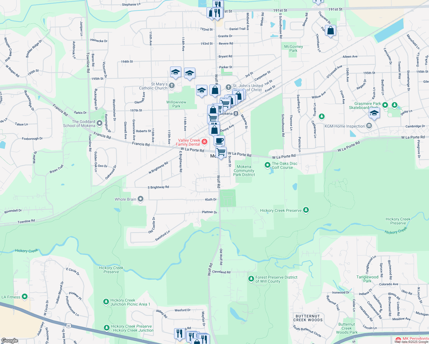 map of restaurants, bars, coffee shops, grocery stores, and more near 20024 Wolf Road in Mokena