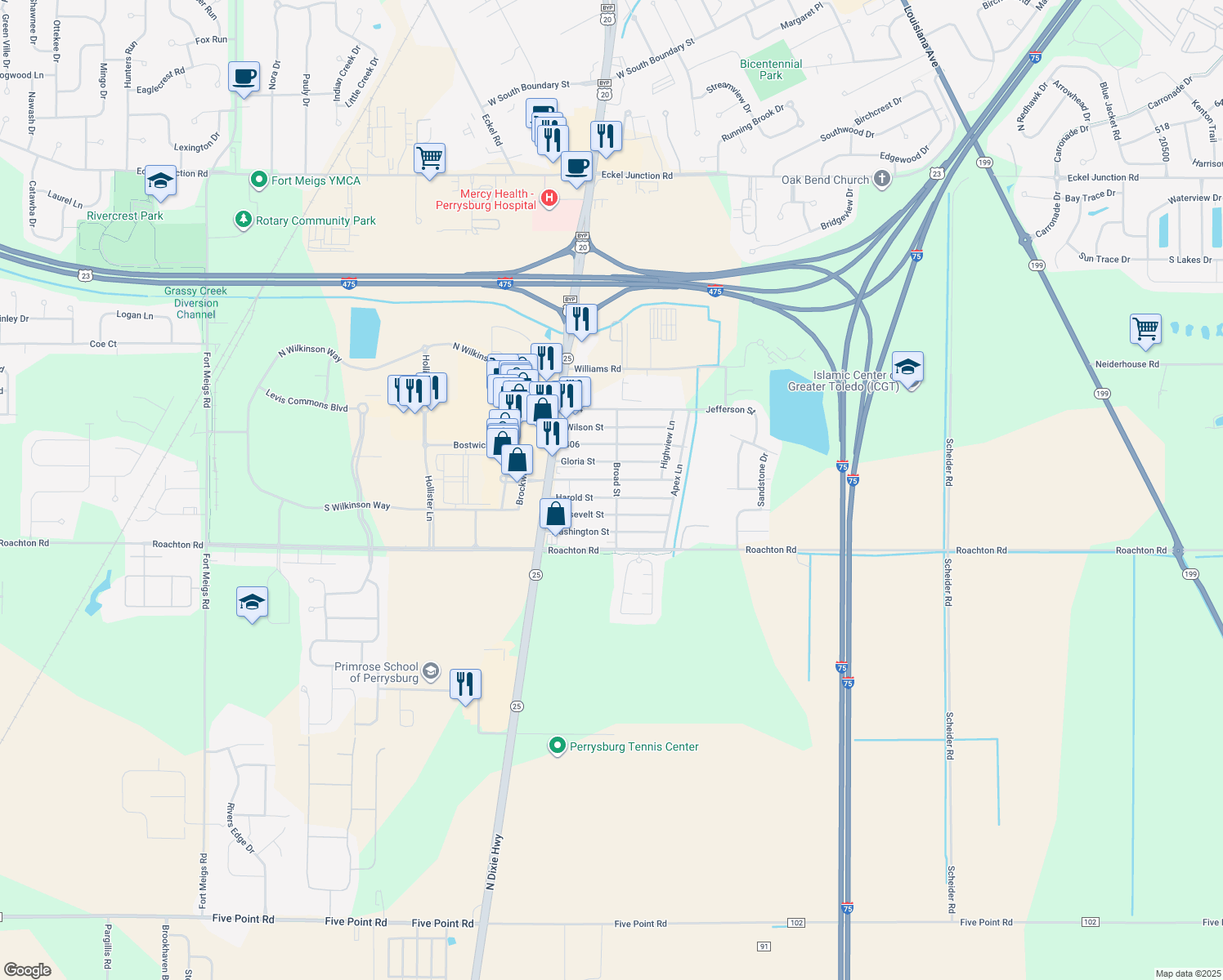 map of restaurants, bars, coffee shops, grocery stores, and more near 25655 Broad Street in Perrysburg