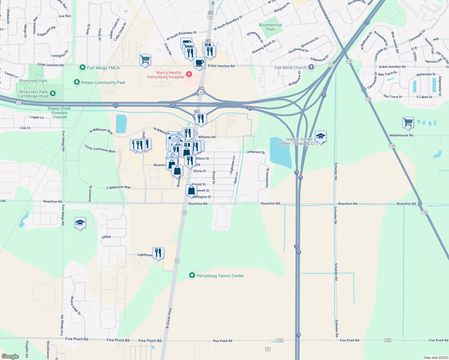 map of restaurants, bars, coffee shops, grocery stores, and more near 12329 Fort Meigs Blvd in Perrysburg